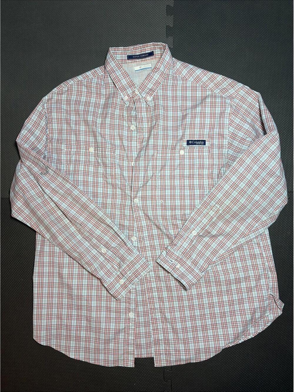 Columbia PFG Super Tamiami Shirt Mens XL Pink White Plaid Omni-Shade Fishing